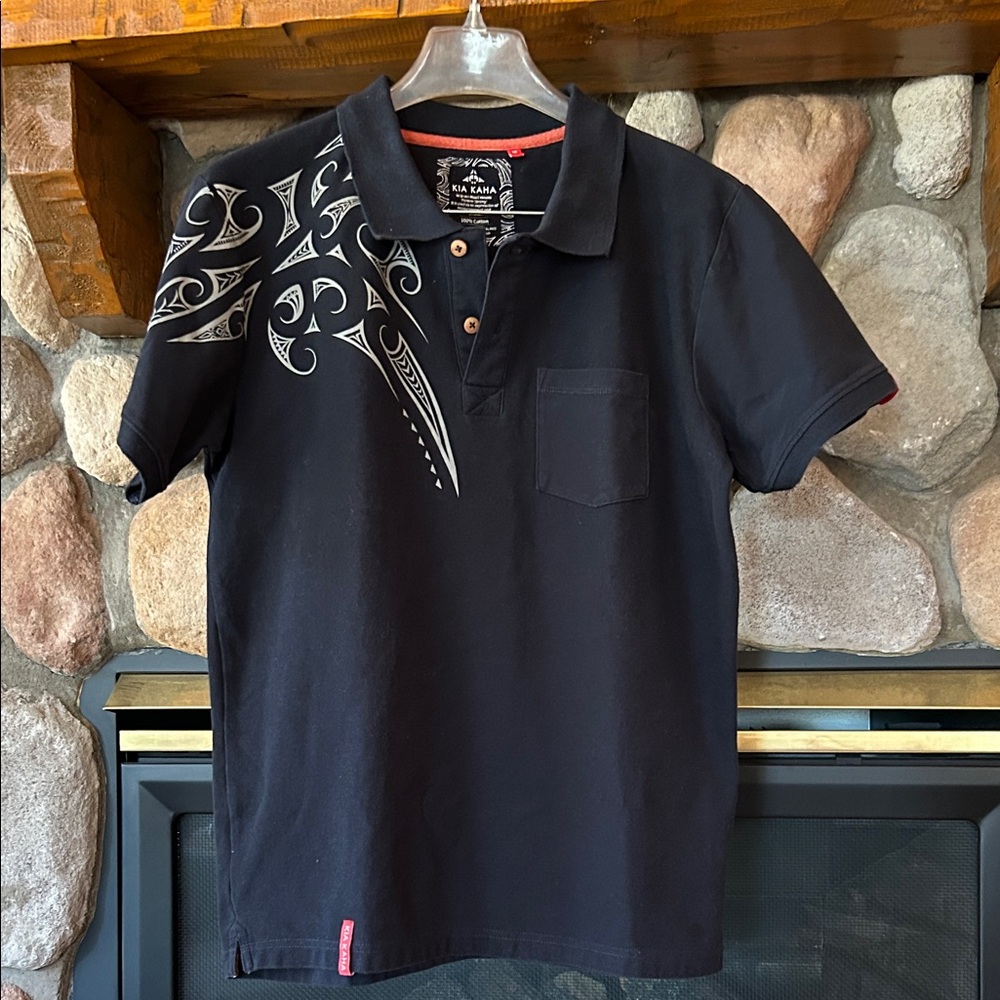 Kia Kaha Mens Navy Blue Maori Short Sleeve Polo Shirt, Size M